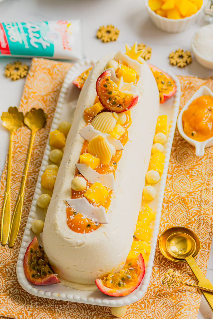 Recette bûche de Noël glacée vanille coco mangue et passion